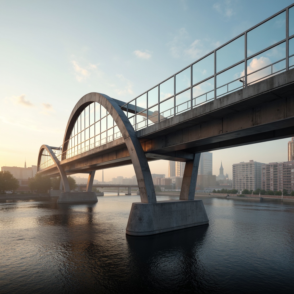 Prompt: Sleek modern bridge, silver metal beams, glass railings, minimalist design, bold concrete piers, urban cityscape, misty morning fog, warm golden lighting, shallow depth of field, 1/1 composition, panoramic view, realistic reflections, ambient occlusion, cool gray tones, deep blue accents, vibrant orange highlights, metallic sheen, weathered steel textures, subtle gradient effects.