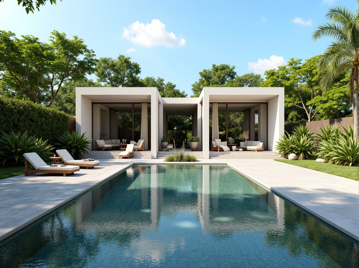 Prompt: Symmetrical pool design, reflective water surfaces, tranquil ambiance, lush greenery surroundings, tropical plants, warm sunny day, clear blue sky, modern minimalist architecture, sleek lines, geometric patterns, marble flooring, luxurious outdoor furniture, comfortable lounge chairs, refreshing misting systems, soft warm lighting, shallow depth of field, 3/4 composition, panoramic view, realistic water textures, ambient occlusion.