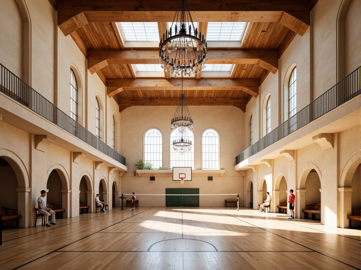 Prompt: Grand Renaissance-style gymnasium, high ceilings, large arched windows, ornate stone carvings, polished wooden floors, athletic equipment, basketball hoops, volleyball nets, grand chandeliers, soft warm natural lighting, north-facing orientation, clerestory windows, skylights, minimalist shading devices, cream-colored walls, rich wood tones, classic architectural details, symmetrical compositions, 1/2 composition, softbox lighting, ambient occlusion, realistic textures.