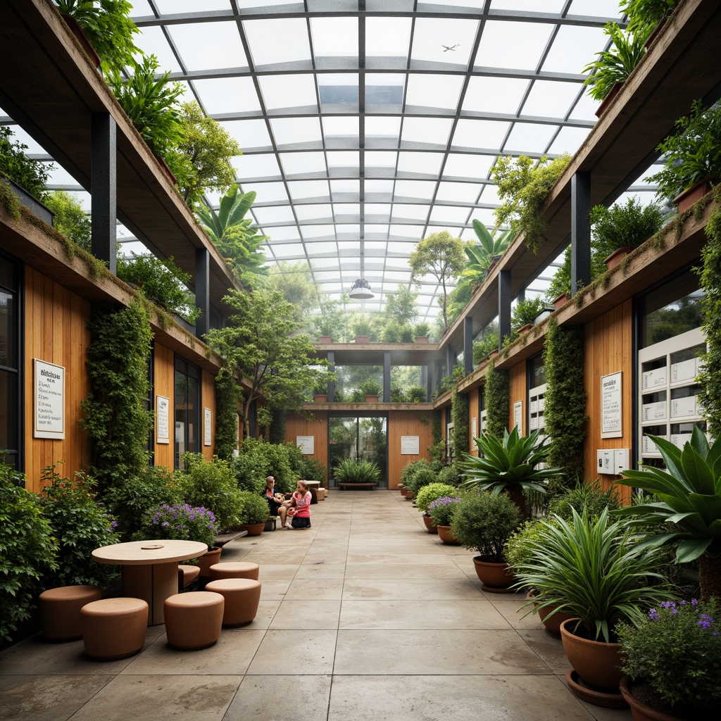 Prompt: Vibrant botanical greenhouse, lush tropical plants, misty atmosphere, warm natural lighting, earthy terracotta pots, reclaimed wood accents, rustic metal frames, soft moss walls, living green roofs, organic curves, modern minimalist furniture, educational signs, interactive displays, collaborative workspaces, flexible seating areas, abundant natural ventilation, energy-efficient systems, recycled materials, calming color palette, soothing pastel shades, muted greens, blues and yellows, warm beige tones, shallow depth of field, 1/2 composition, realistic textures, ambient occlusion.