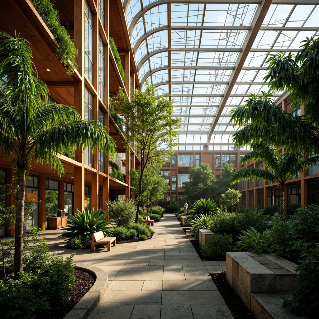 Prompt: Vibrant greenhouse, lush tropical plants, natural stone foundation, curved glass roof, steel framework, wooden beams, clerestory windows, automatic irrigation systems, misting humidity control, warm soft lighting, shallow depth of field, 1/1 composition, realistic textures, ambient occlusion, educational signs, interactive exhibits, modern academic architecture, sustainable energy solutions, solar panels, rainwater harvesting systems, eco-friendly materials, innovative ventilation technologies, shaded outdoor spaces, rustic wooden benches, serene water features.