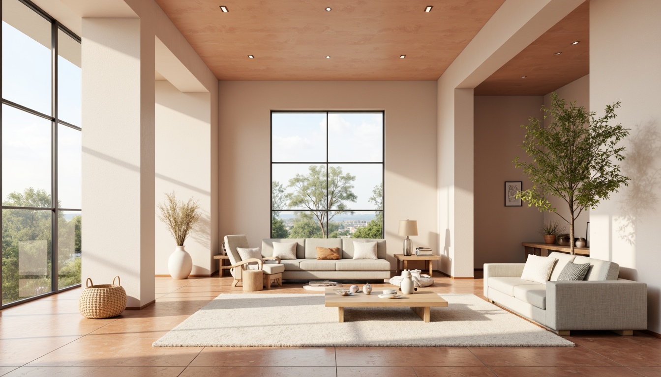 Prompt: \Soft peach tones, calming creamy whites, gentle lavender hues, rich charcoal grays, warm beige textures, subtle mint accents, natural wood elements, earthy terracotta floors, elegant golden metallic details, minimalist modern decor, large windows, abundant natural light, airy spacious atmosphere, relaxing ambient music, 1/1 composition, shallow depth of field, realistic renderings.\