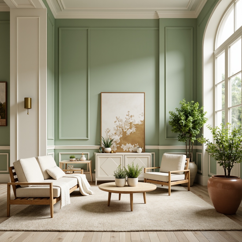 Prompt: Soft mint walls, pale green accents, creamy white trim, warm beige furniture, natural wood textures, earthy terracotta pots, delicate floral patterns, subtle gold metallic details, airy open spaces, abundant natural light, shallow depth of field, 1/1 composition, realistic renderings, ambient occlusion.