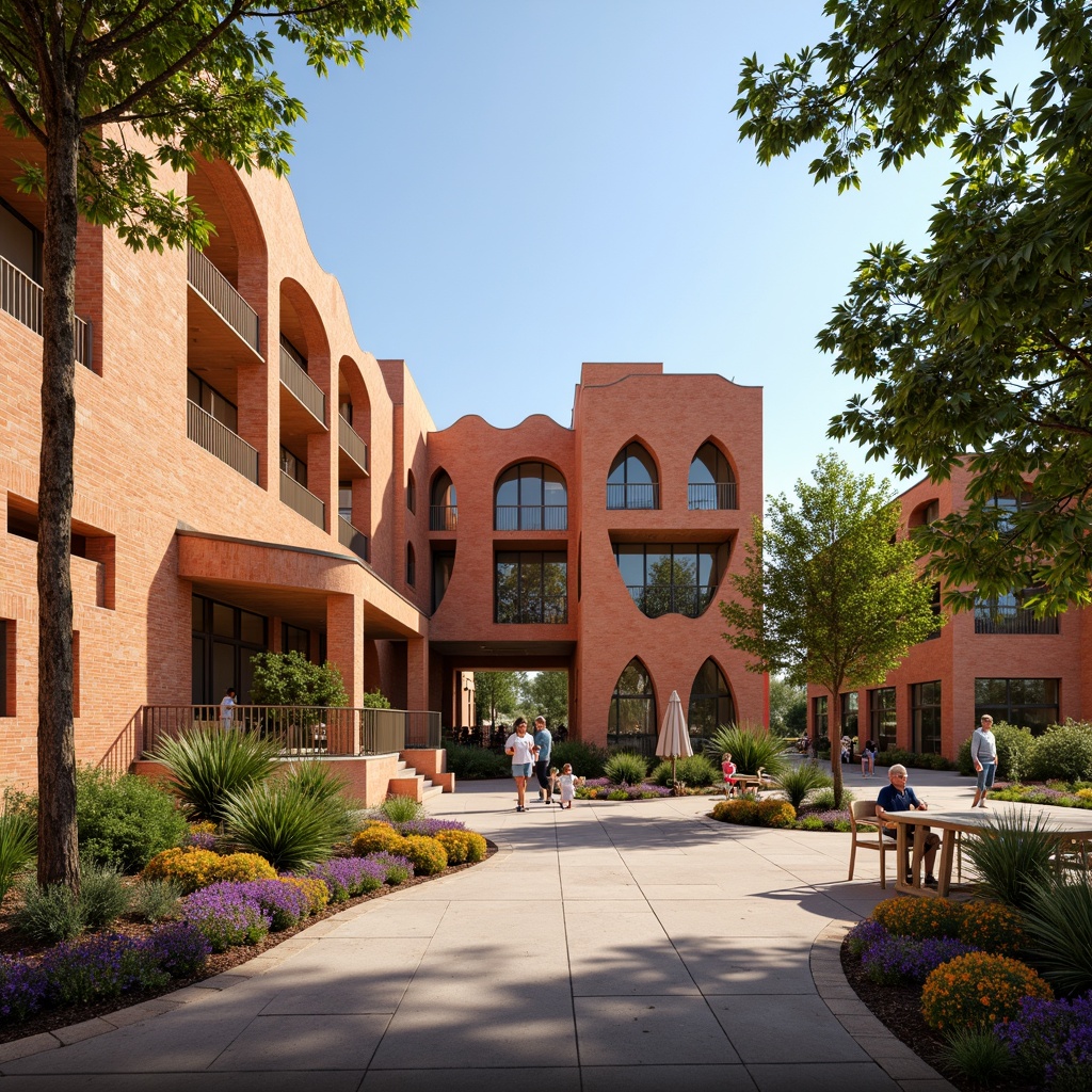 Prompt: Vibrant community center, warm earthy tones, textured brick facade, irregular shapes, organic forms, natural stone accents, wooden doorways, large overhangs, shaded outdoor spaces, lush greenery, mature trees, blooming flowers, sunny day, soft warm lighting, shallow depth of field, 3/4 composition, panoramic view, realistic textures, ambient occlusion.