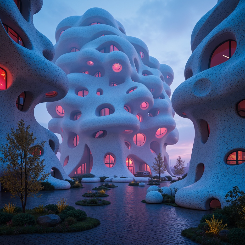 Prompt: Organic blob-shaped buildings, futuristic architecture, iridescent colors, glowing neon lights, undulating curves, amoeba-inspired structures, translucent materials, 3D-printed components, parametric design, algorithm-driven shapes, bioluminescent accents, misty atmosphere, soft focus, shallow depth of field, cinematic lighting, 1/1 composition, surreal ambiance, avant-garde aesthetics.