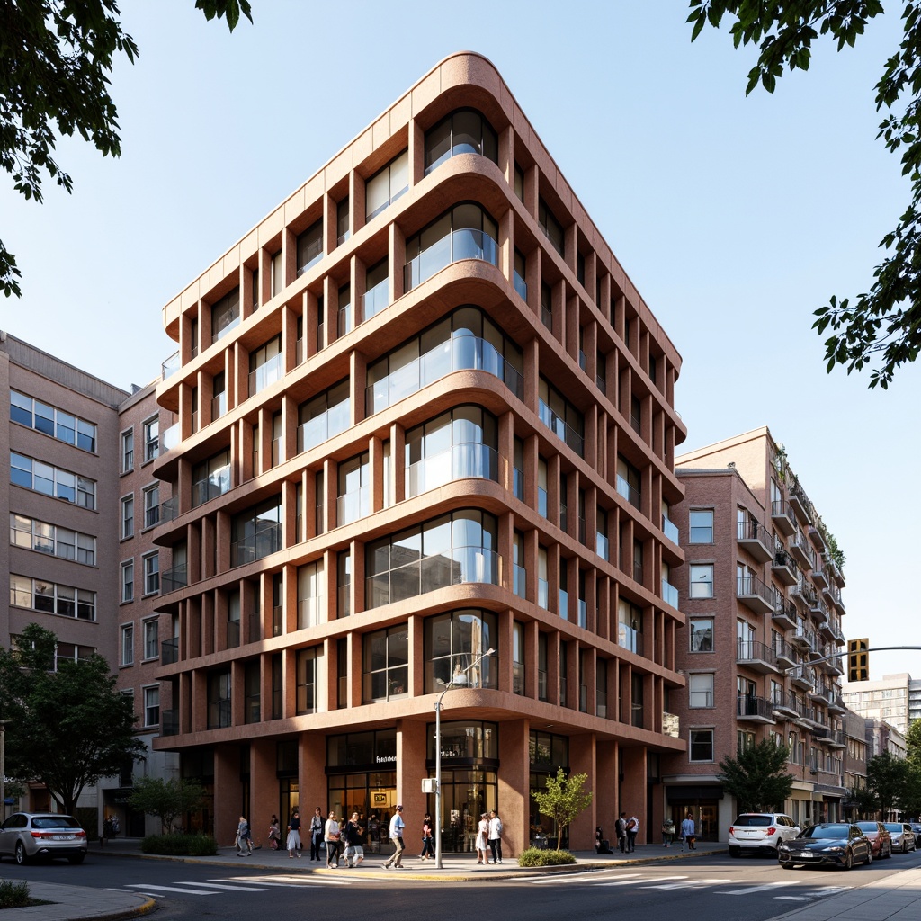 Prompt: Vibrant community center, structuralist facade, bold geometric patterns, angular brick walls, cantilevered roofs, rhythmic window arrangements, industrial metal accents, exposed ductwork, urban landscape, bustling streets, modern cityscape, afternoon sunlight, soft shadows, shallow depth of field, 2/3 composition, realistic textures, ambient occlusion.