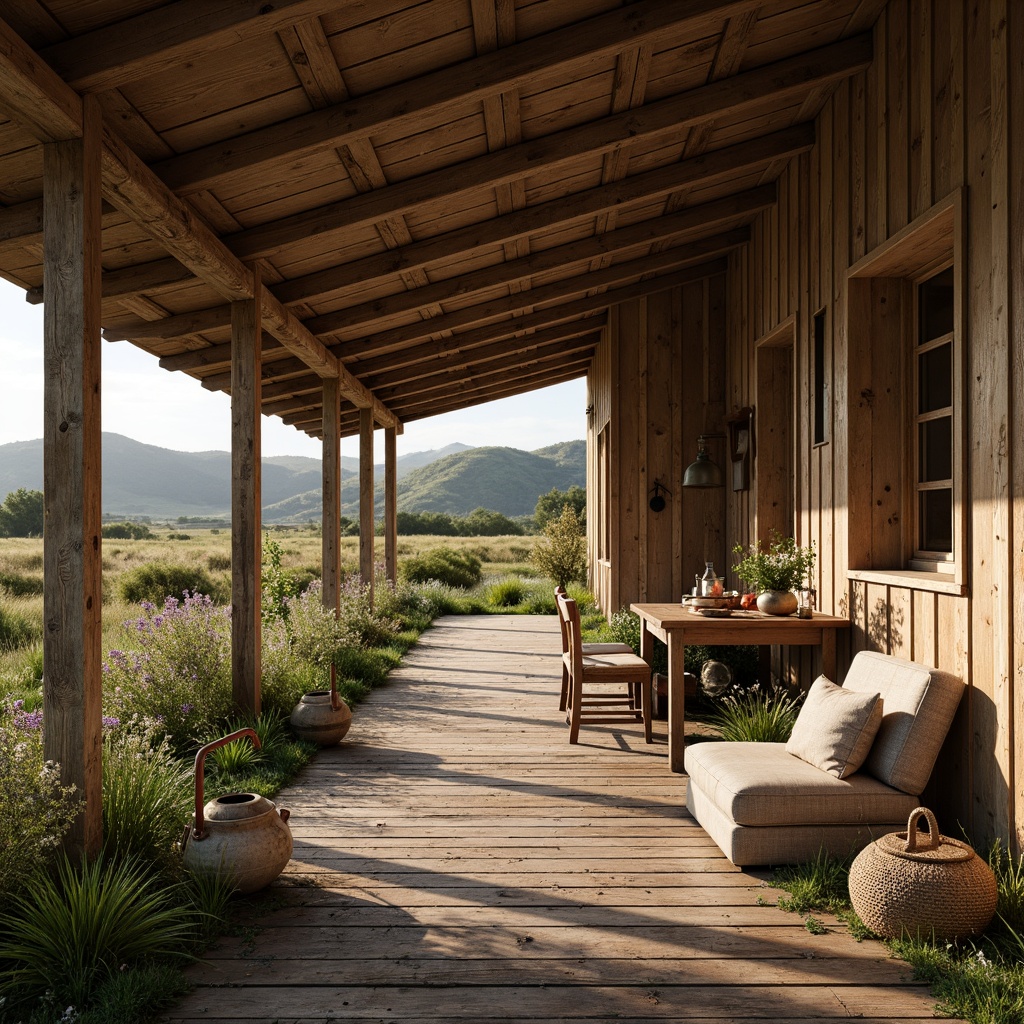 Prompt: Rustic barn, distressed wood textures, earthy tones, warm beige, weathered wooden planks, industrial metal accents, vintage agricultural tools, natural fabrics, earthy reds, mossy greens, sky blues, soft warm lighting, shallow depth of field, 2/3 composition, rustic country landscape, rolling hills, wildflowers, rural scenery, nostalgic atmosphere.