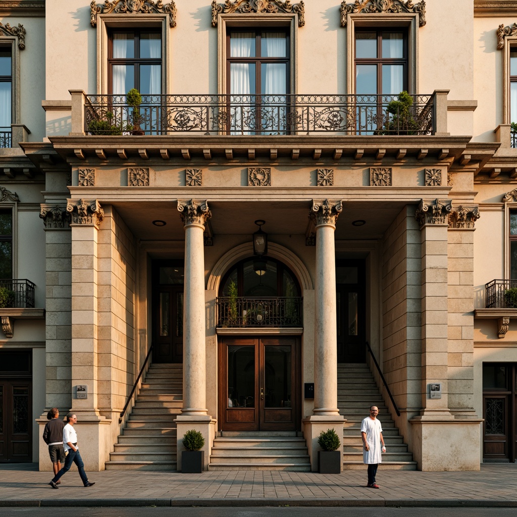 Prompt: Elegant facade, ornate details, Corinthian columns, grand entrance, symmetrical composition, rusticated base, arched windows, balconies with intricate metalwork, decorative cornices, carved stone ornaments, richly textured stucco, subtle color palette, warm golden lighting, shallow depth of field, 1/1 composition, realistic textures, ambient occlusion.