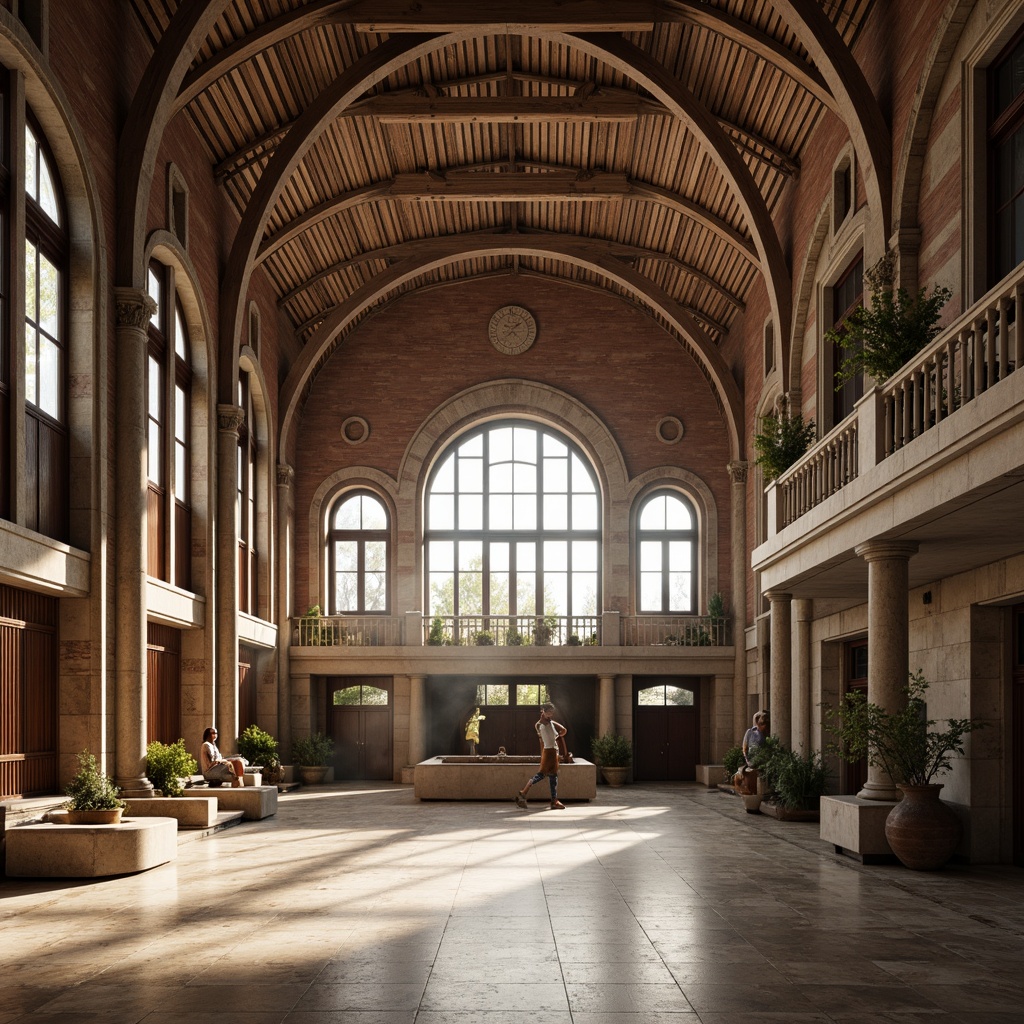 Prompt: Grand Renaissance gymnasium, imposing arches, ornate stone carvings, sweeping vaulted ceilings, rustic brick walls, classic Corinthian columns, intricate marble flooring, stately grand staircases, majestic entranceways, natural light pouring through large windows, soft warm lighting, shallow depth of field, 3/4 composition, realistic textures, ambient occlusion.