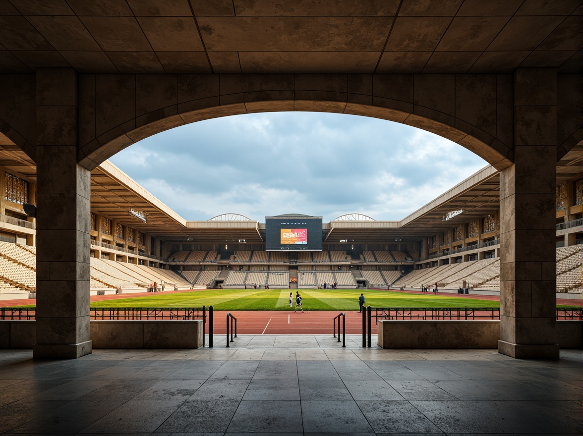 Prompt: \Timeless soccer stadium, elegant arches, grand stone columns, vintage scoreboard, lush green grass, athletic track, classic floodlights, warm beige seating, rich wood accents, refined metal railings, subtle cream concrete, majestic entrance gates, symmetrical facade, imposing scale, atmospheric evening lighting, low-angle shot, cinematic composition, realistic shadows, ambient noise.\