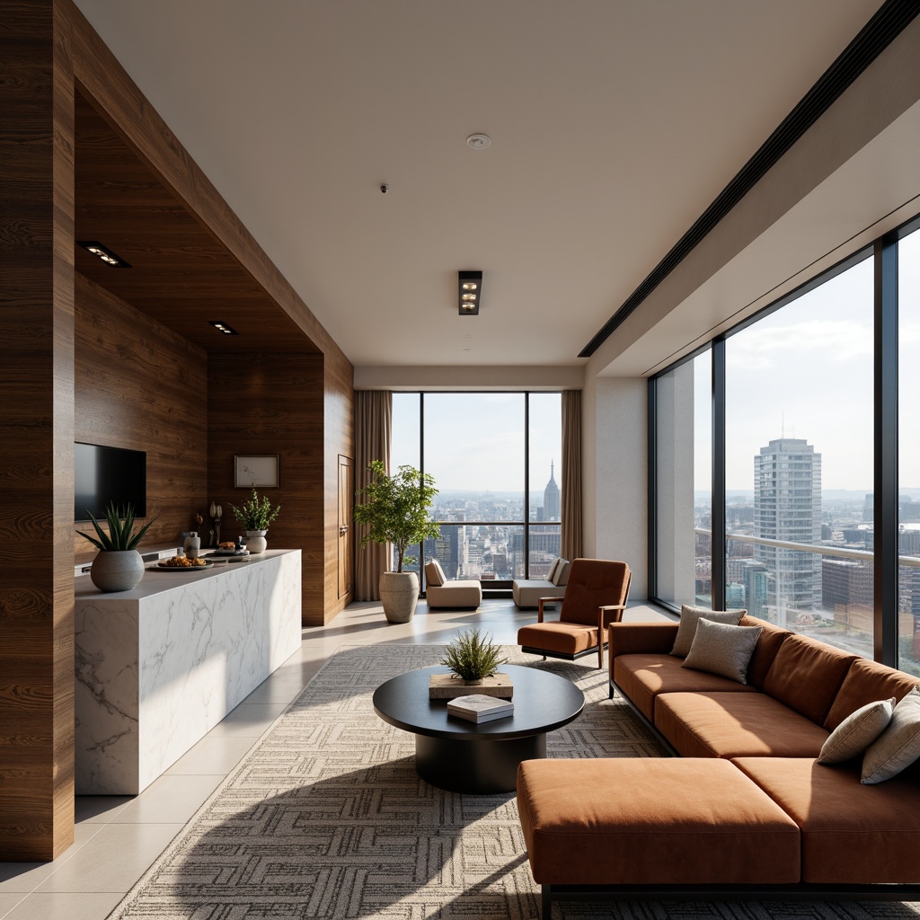 Prompt: Luxurious living room, international style decor, high-end materials, rich wood textures, marble countertops, sleek metal accents, plush velvet sofas, geometric patterned rugs, floor-to-ceiling windows, city skyline views, modern minimalist architecture, subtle ambient lighting, 1/1 composition, realistic reflections, soft focus background, elegant simplicity.