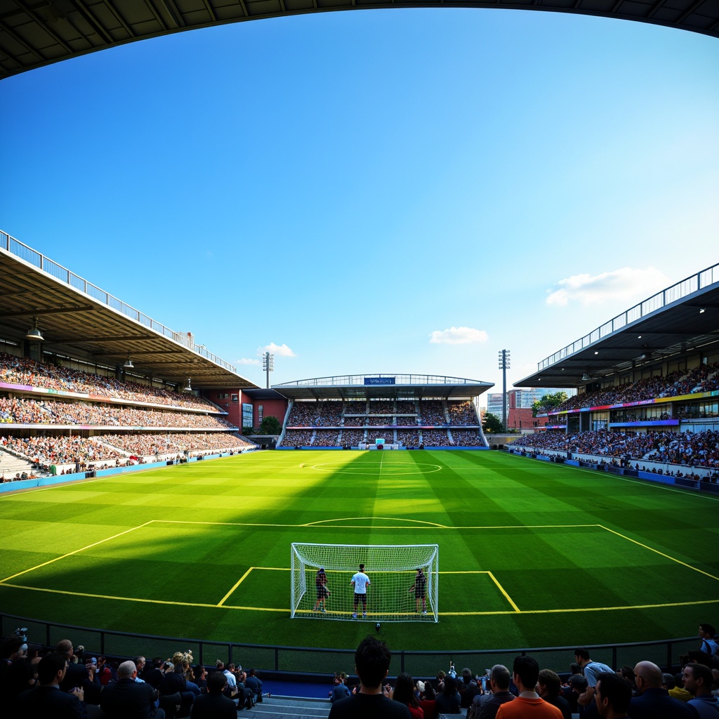 Prompt: Powder blue soccer stadium, lush green grass, bright white goals, vibrant yellow lines, modern architecture, curved seating areas, open-air design, clear blue sky, sunny day, soft warm lighting, shallow depth of field, 3/4 composition, panoramic view, realistic textures, ambient occlusion, urban landscape, bustling atmosphere, excited crowd, dynamic movement, fast-paced action.