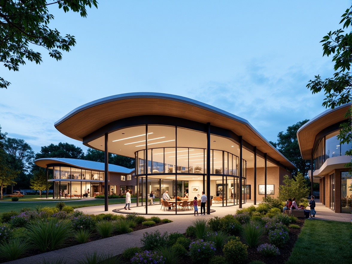 Prompt: Curved visitor center facade, cantilevered rooflines, transparent glass walls, minimalist steel frames, natural stone cladding, wooden accents, dynamic lighting systems, evening ambiance, shallow depth of field, 1/1 composition, symmetrical architecture, modern sleek design, green roofs, sustainable building materials, eco-friendly infrastructure, surrounding landscape integration, blooming flowers, lush greenery, serene atmosphere, warm sunlight, panoramic views.