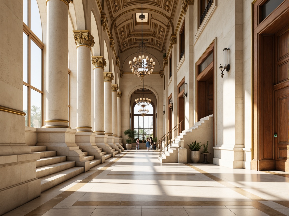 Prompt: Majestic museum building, neoclassical architecture style, creamy white marble columns, ornate gold details, rich wood tones, soft beige stone walls, grand entrance hall, sweeping staircase, elegant chandeliers, subtle warm lighting, shallow depth of field, 1/2 composition, realistic textures, ambient occlusion.