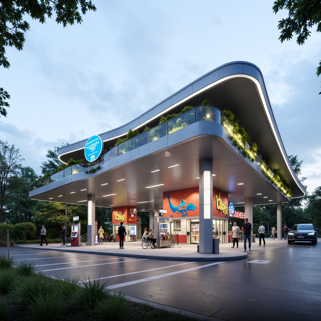 Prompt: Sleek modern gas station, futuristic facade design, aerodynamic curves, metallic silver cladding, LED lighting strips, angular lines, minimalist signage, cantilevered canopies, solar panels, green roofs, wind turbines, energy-efficient systems, shaded outdoor spaces, misting systems, geometric patterns, vibrant colorful accents, shallow depth of field, 3/4 composition, panoramic view, realistic textures, ambient occlusion.