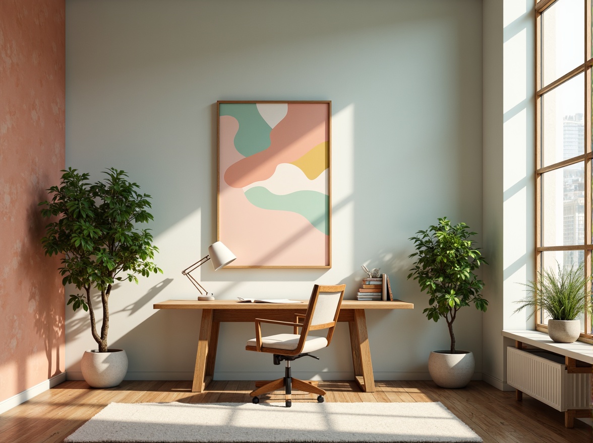 Prompt: Vibrant modern design studio, sleek wooden desk, ergonomic chair, abstract artwork, pastel color palette, soft peach tones, calming mint hues, creamy whites, rich charcoal accents, natural textiles, organic shapes, warm atmospheric lighting, shallow depth of field, 2/3 composition, realistic renderings, ambient occlusion.