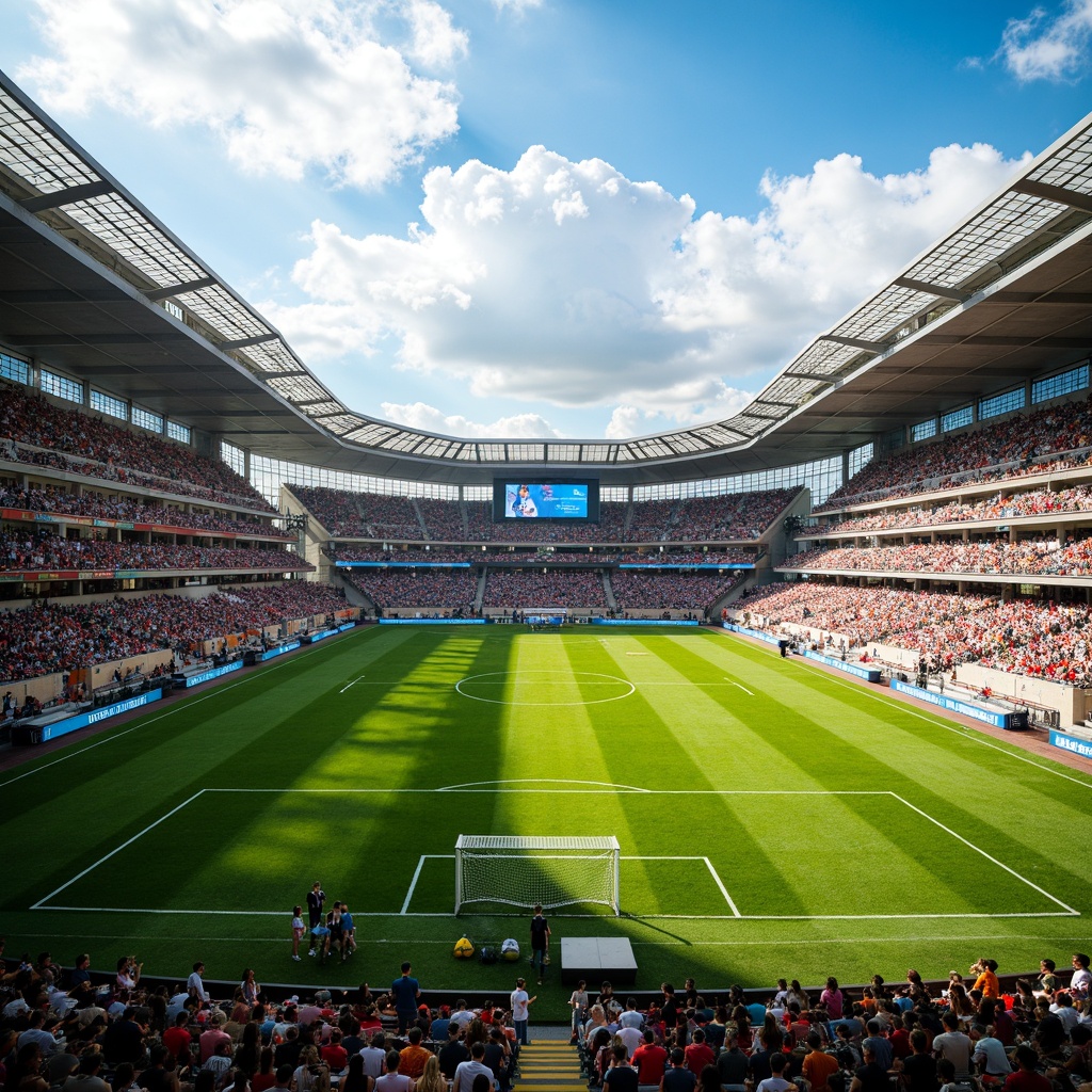 Prompt: Vibrant football stadium, lush green grass, dynamic spectator seating, modern scoreboard displays, sleek goalposts, athletic tracks, concession stands, restrooms, VIP suites, natural stone concourses, steel beams, reinforced concrete structures, open-air architecture, sunny day, warm atmospheric lighting, shallow depth of field, 3/4 composition, panoramic view, realistic textures, ambient occlusion.