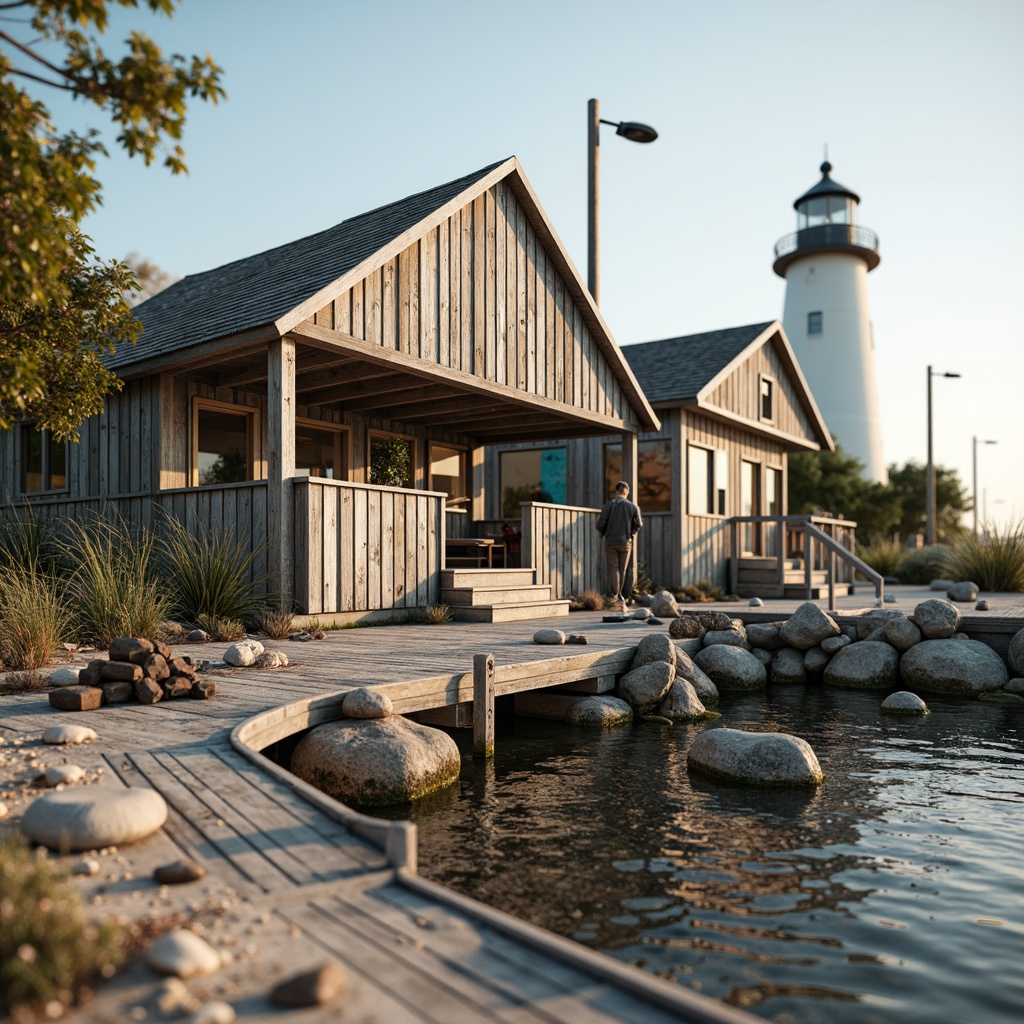 Prompt: Weathered wooden docks, rustic beach huts, driftwood sculptures, sea-worn pebbles, ocean-inspired murals, distressed coral patterns, tidal zone textures, sandy dunes, coastal vegetation, beachy keystone architecture, modern lighthouse structures, nautical-themed decorations, faded sailor ropes, salt-sprayed windows, warm golden lighting, shallow depth of field, 1/2 composition, realistic renderings, ambient occlusion.