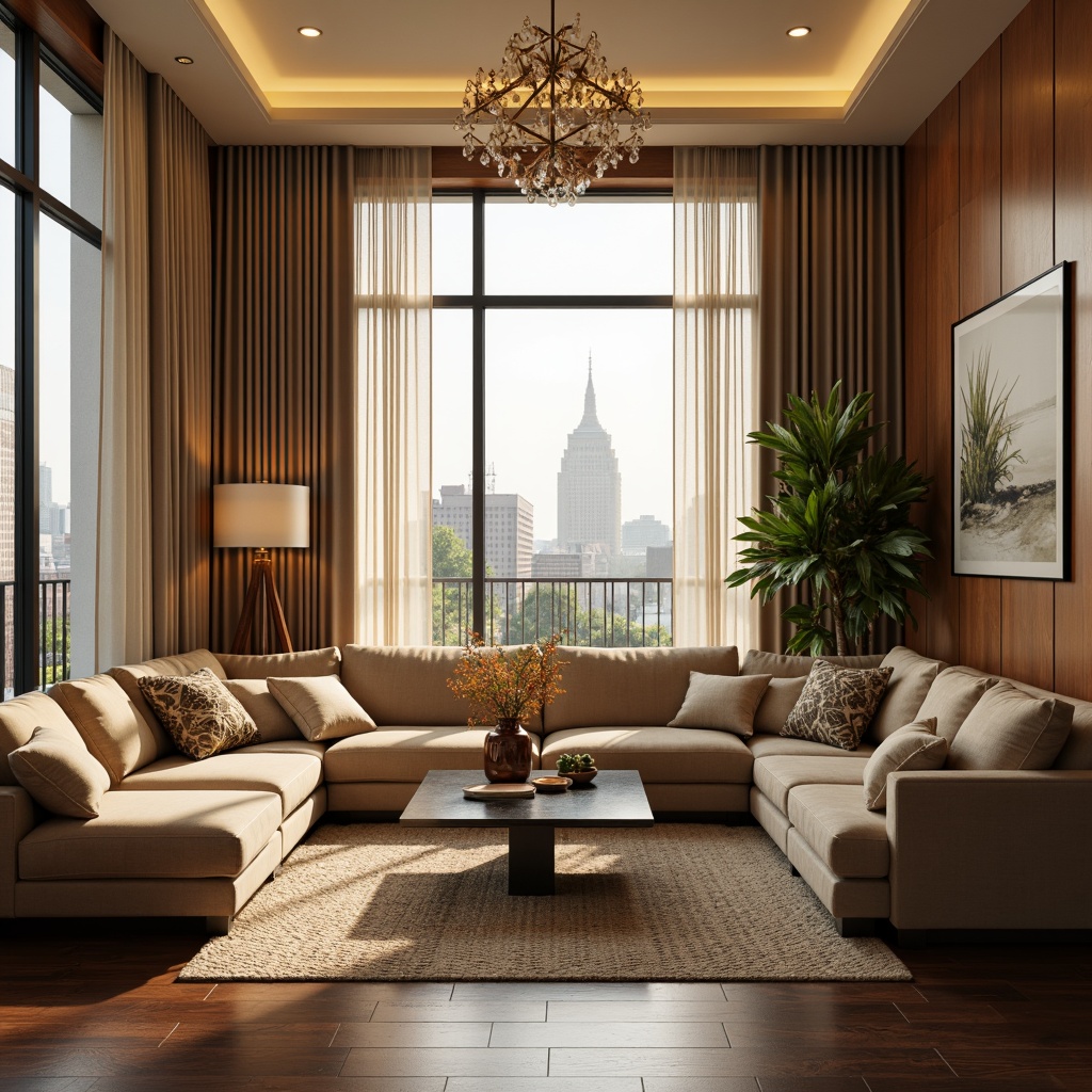 Prompt: Cozy living room, plush velvet sofa, warm beige walls, rich wood accents, soft golden lighting, elegant chandelier, comfortable throw pillows, natural fiber rug, floor-to-ceiling windows, urban city view, modern minimalist decor, sleek metal coffee table, vibrant greenery, fragrant flowers, calming ambiance, shallow depth of field, 1/1 composition, warm color palette, realistic textures, ambient occlusion.