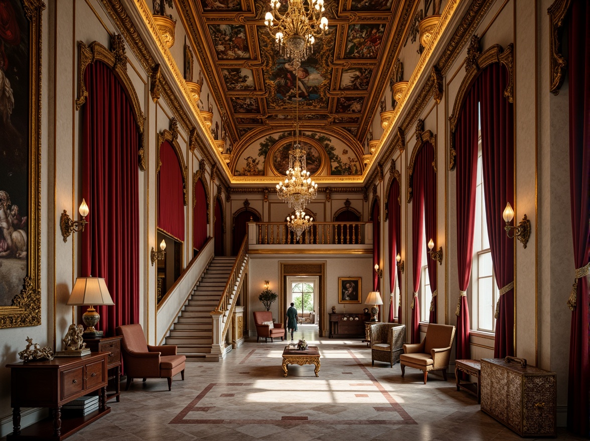 Prompt: Luxurious palace, grandiose chandeliers, intricately carved wooden panels, ornate mirrors, velvet drapes, golden accents, marble floors, sweeping staircases, dramatic archways, rich tapestries, lavish furnishings, gilded frames, elaborate frescoes, soft warm lighting, cinematic composition, atmospheric perspective, highly detailed textures.