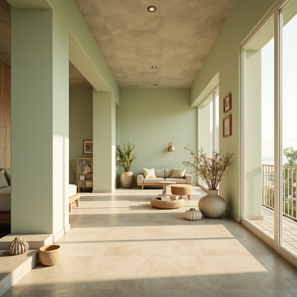 Prompt: Soft pale green walls, creamy white trim, warm beige floors, natural wood accents, minimalist decor, airy open spaces, abundant sunlight, gentle shadows, subtle texture contrasts, earthy undertones, soothing atmosphere, serene ambiance, soft focus, shallow depth of field, 1/1 composition, warm golden lighting, realistic reflections.