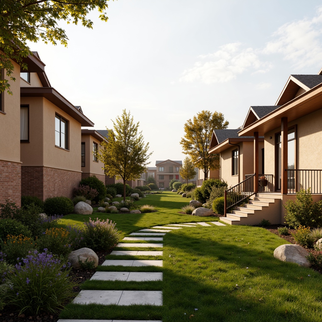 Prompt: Suburban homes, warm beige exterior walls, earthy brown roofs, soft green lawns, blooming flowers, natural stone pathways, wooden decks, cozy porches, white trim accents, warm golden lighting, inviting entranceways, 1/1 composition, shallow depth of field, realistic textures, ambient occlusion.