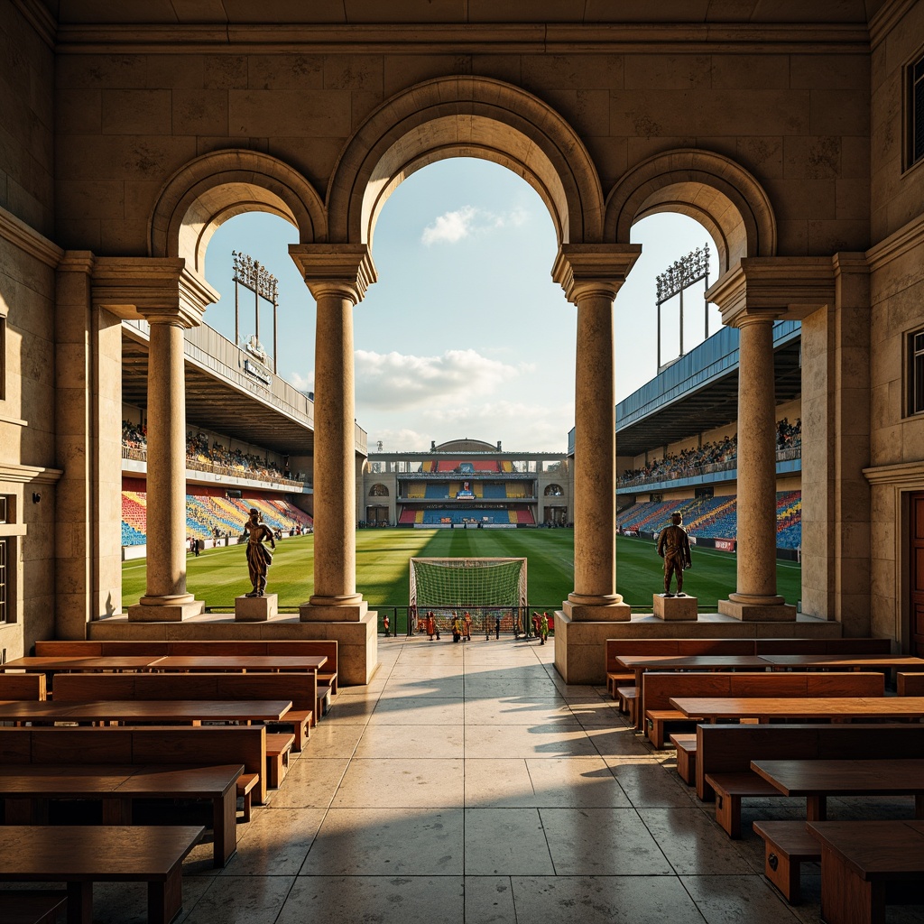 Prompt: Timeless soccer stadium, grandiose arches, ornate columns, natural stone fa\u00e7ade, marble floors, elegant wooden benches, vintage metal gates, classic bronze statues, lush green grass, vibrant team colors, nostalgic floodlights, warm golden lighting, shallow depth of field, 1/1 composition, symmetrical architecture, realistic textures, ambient occlusion.