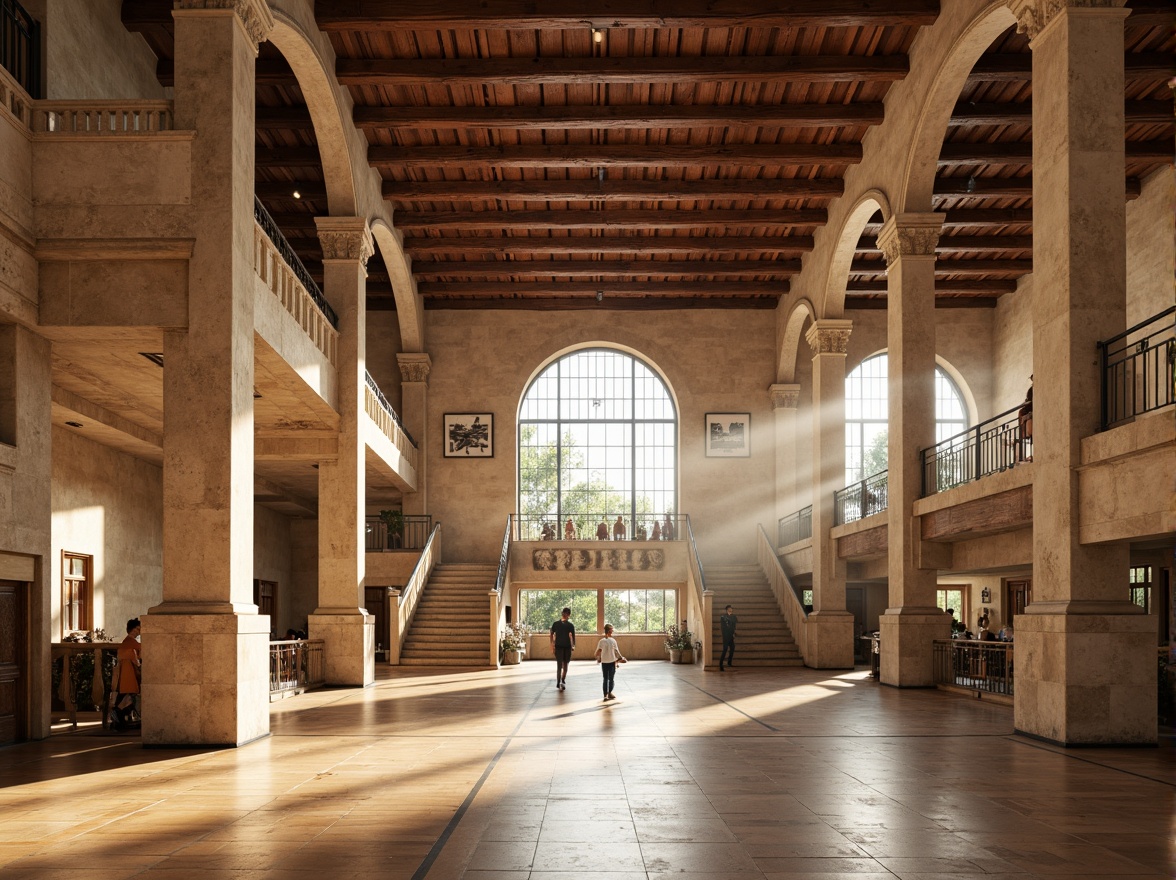 Prompt: Grand gymnasium, Renaissance-style architecture, imposing columns, ornate capitals, arched windows, rusticated stone walls, terracotta roof tiles, majestic entrance, sweeping staircases, polished wood flooring, athletic tracks, sports equipment, trophy displays, natural light pouring in, warm beige color scheme, subtle texture details, classical proportions, symmetrical composition, 1/2 camera angle, soft focus, atmospheric lighting.