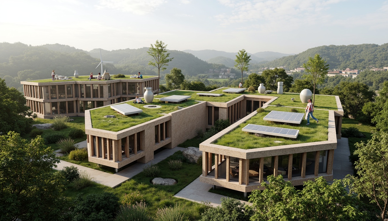 Prompt: Eco-friendly buildings, green roofs, solar panels, wind turbines, water conservation systems, recycled materials, natural ventilation, large windows, minimal waste design, organic shapes, earthy tones, lush vegetation, serene atmosphere, soft natural lighting, shallow depth of field, 3/4 composition, panoramic view, realistic textures, ambient occlusion.