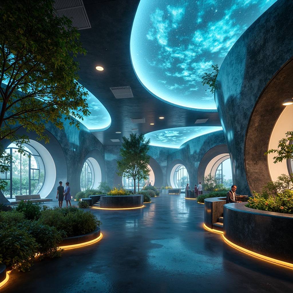 Prompt: Bioluminescent laboratory, futuristic organic architecture, curvaceous lines, iridescent materials, translucent walls, glowing accents, soft pulsing lights, natural ventilation systems, living walls, green roofs, hydroponic systems, misty atmosphere, warm ambient lighting, shallow depth of field, 1/1 composition, macro photography, realistic textures, ambient occlusion.