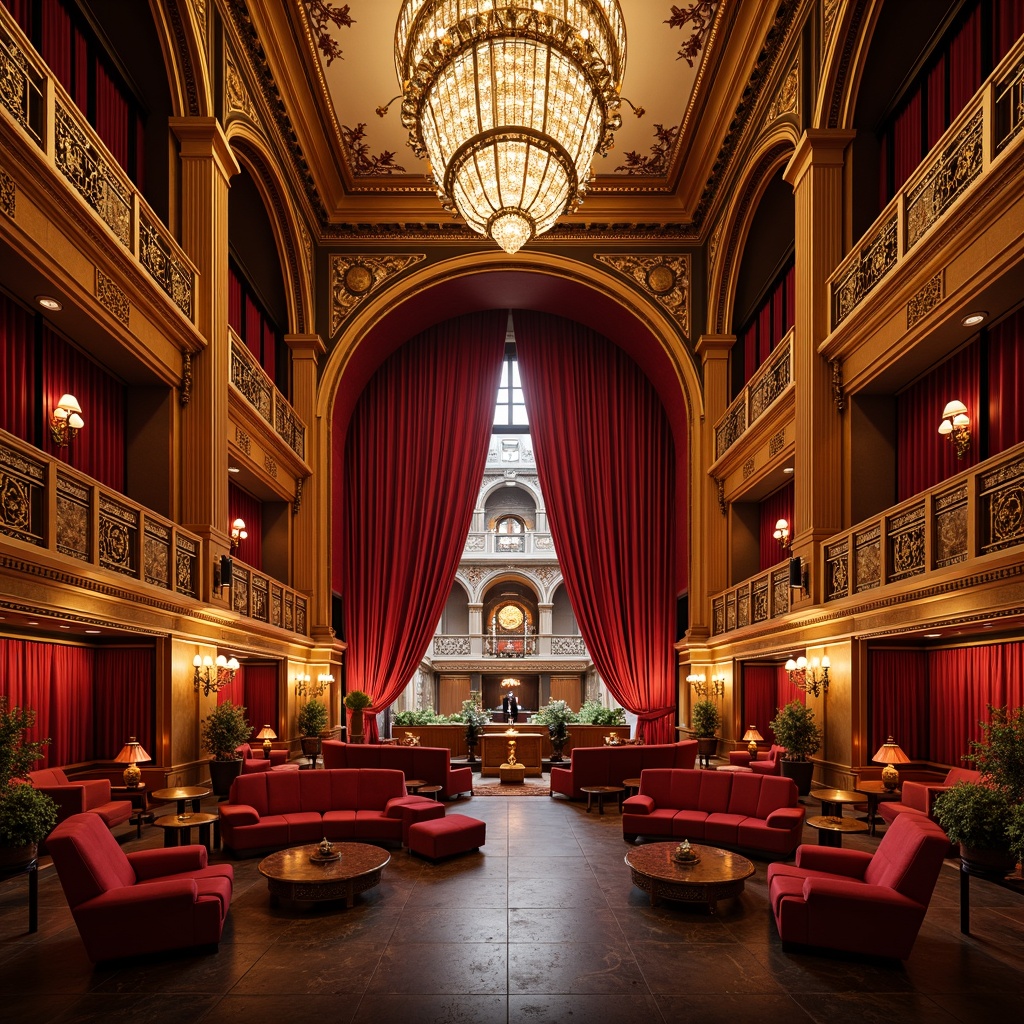 Prompt: Grand opera house, lavish interior design, vibrant color palette, rich red velvet curtains, golden ornate details, crystal chandeliers, marble flooring, intricate moldings, luxurious seating areas, grand staircases, opulent fabrics, dramatic lighting effects, warm glowing ambiance, 1/2 composition, low-key lighting, realistic reflections, ambient occlusion.