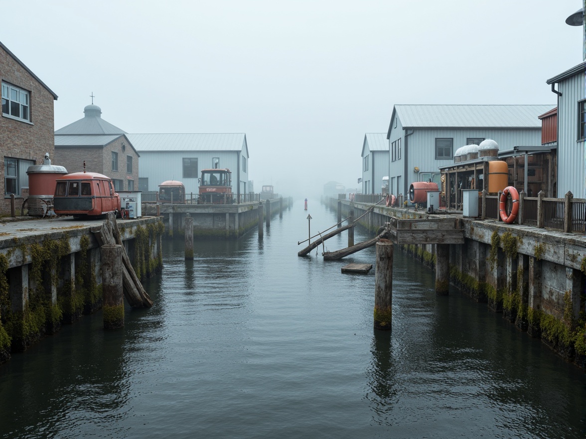 Prompt: Weathered wooden docks, rusty marine equipment, oceanographic instruments, seaweed-covered pilings, driftwood sculptures, research vessels, naval architecture, corrugated metal buildings, salt-eroded concrete foundations, nautical ropes, life rings, foghorns, misty morning atmosphere, soft diffused lighting, shallow depth of field, 2/3 composition, realistic ocean waves, ambient occlusion.