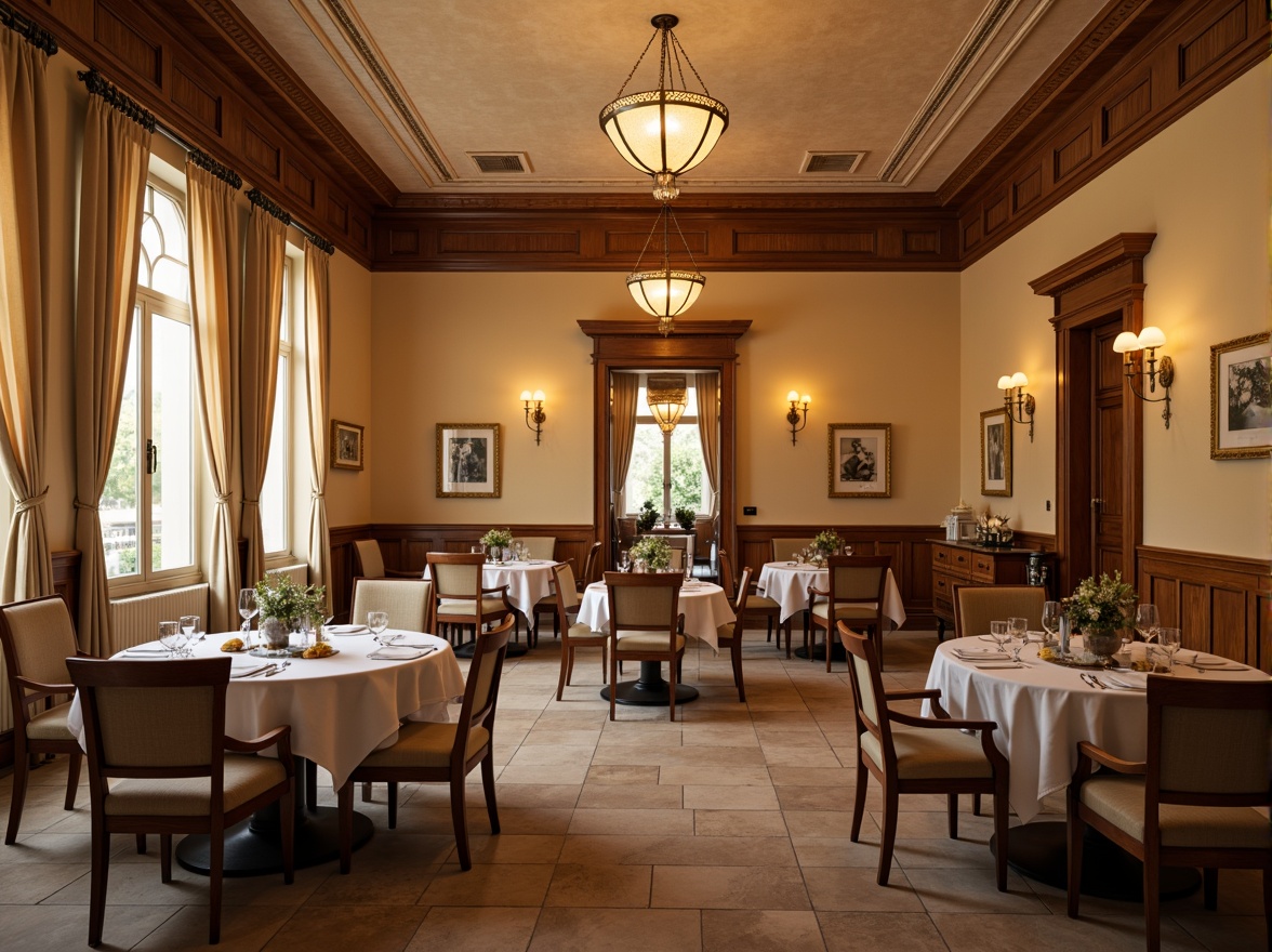 Prompt: Elegant dining hall, warm beige walls, rich wooden furniture, subtle golden accents, soft cream curtains, vintage chandeliers, classic European-inspired architecture, spacious open layout, natural stone flooring, ambient warm lighting, shallow depth of field, 1/1 composition, realistic textures, detailed ornaments.