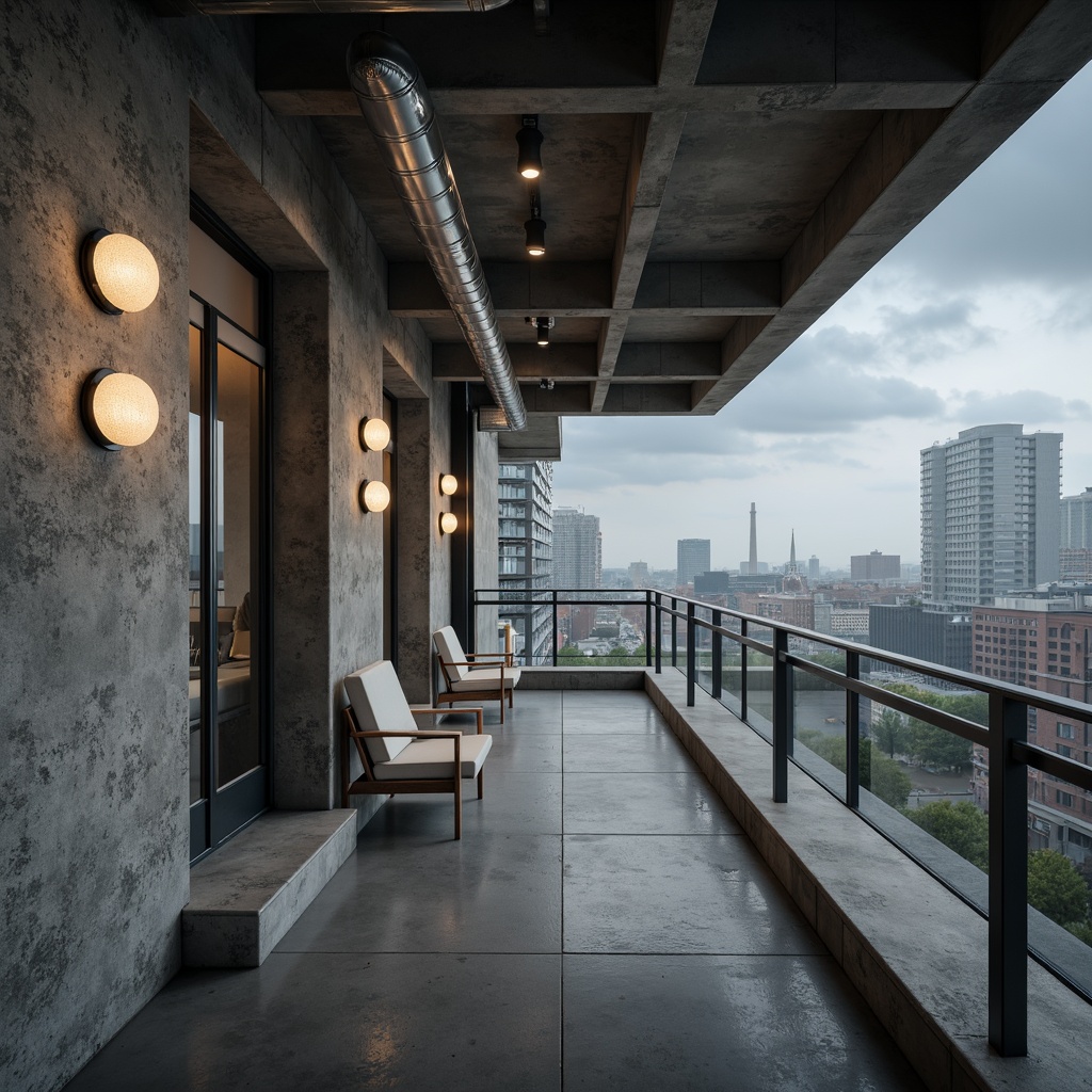 Prompt: Rough-textured concrete walls, exposed ductwork, industrial-style lighting, polycarbonate panels, transparent glass railings, minimalist decor, brutalist architecture, urban cityscape, overcast sky, dramatic shadows, high-contrast lighting, 1/1 composition, close-up shot, realistic materials, ambient occlusion, detailed textures.