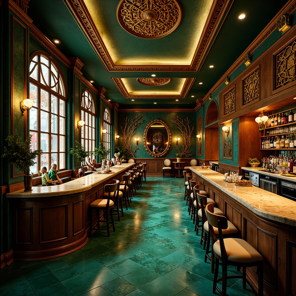 Prompt: Opulent Art Nouveau bar, rich jewel tones, emerald green walls, amber lighting, golden accents, ornate metalwork, flowing organic lines, stained glass windows, vibrant turquoise tiles, luxurious velvet drapes, polished brass fixtures, warm beige marble countertops, intricate wooden moldings, soft warm glow, shallow depth of field, 1/1 composition, intimate atmosphere, realistic textures, ambient occlusion.