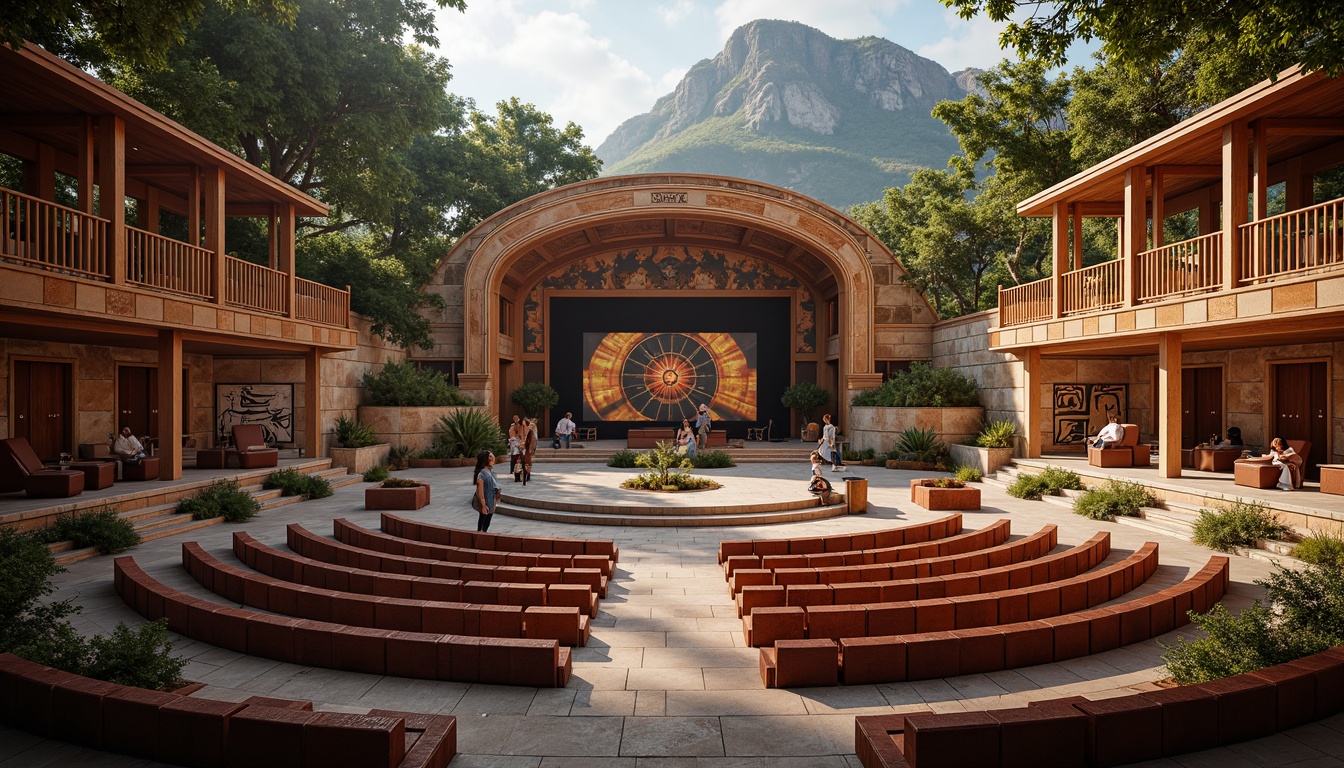 Prompt: Elegant amphitheater, eclectic architecture, ornate facades, curved seating areas, wooden accents, natural stone walls, vibrant cultural patterns, tiered levels, intimate performance spaces, advanced sound systems, optimized acoustics, resonant frequencies, echo reduction, warm ambient lighting, soft shadows, 1/2 composition, atmospheric perspective, realistic textures, subtle animations.