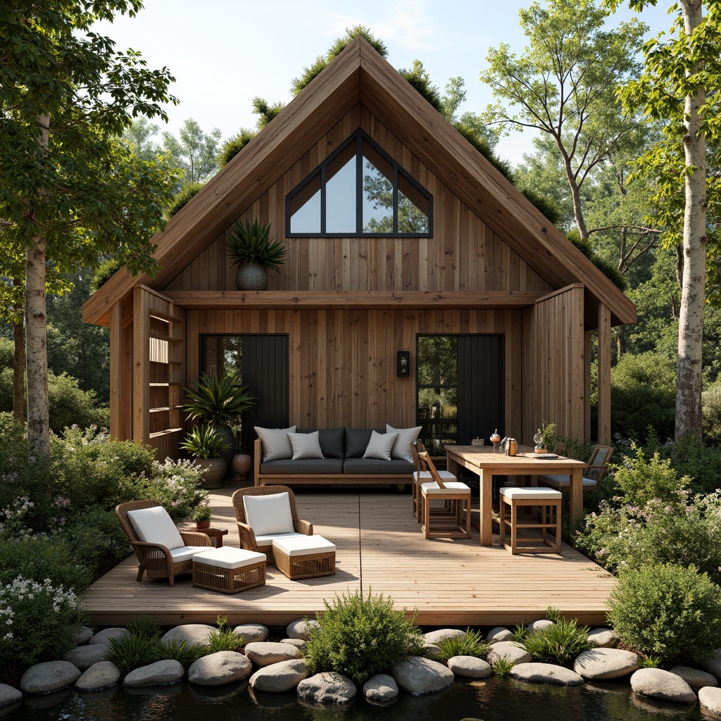 Prompt: Earthy cabin, reclaimed wooden walls, natural stone foundations, living roofs, lush greenery, solar panels, wind turbines, water conservation systems, eco-friendly materials, bamboo flooring, rattan furniture, woven textiles, organic shapes, curved lines, earthy color palette, warm ambient lighting, soft shadows, 1/1 composition, realistic textures, ambient occlusion.