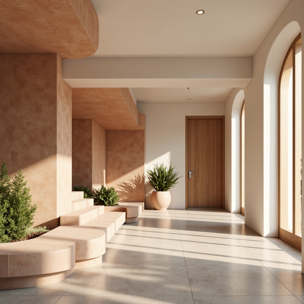 Prompt: Soft peach tones, creamy whites, warm beige accents, rich wood textures, natural stone backgrounds, elegant curved lines, minimalist decor, calming atmosphere, morning sunlight, gentle shadows, 1/2 composition, soft focus, realistic rendering, ambient lighting.