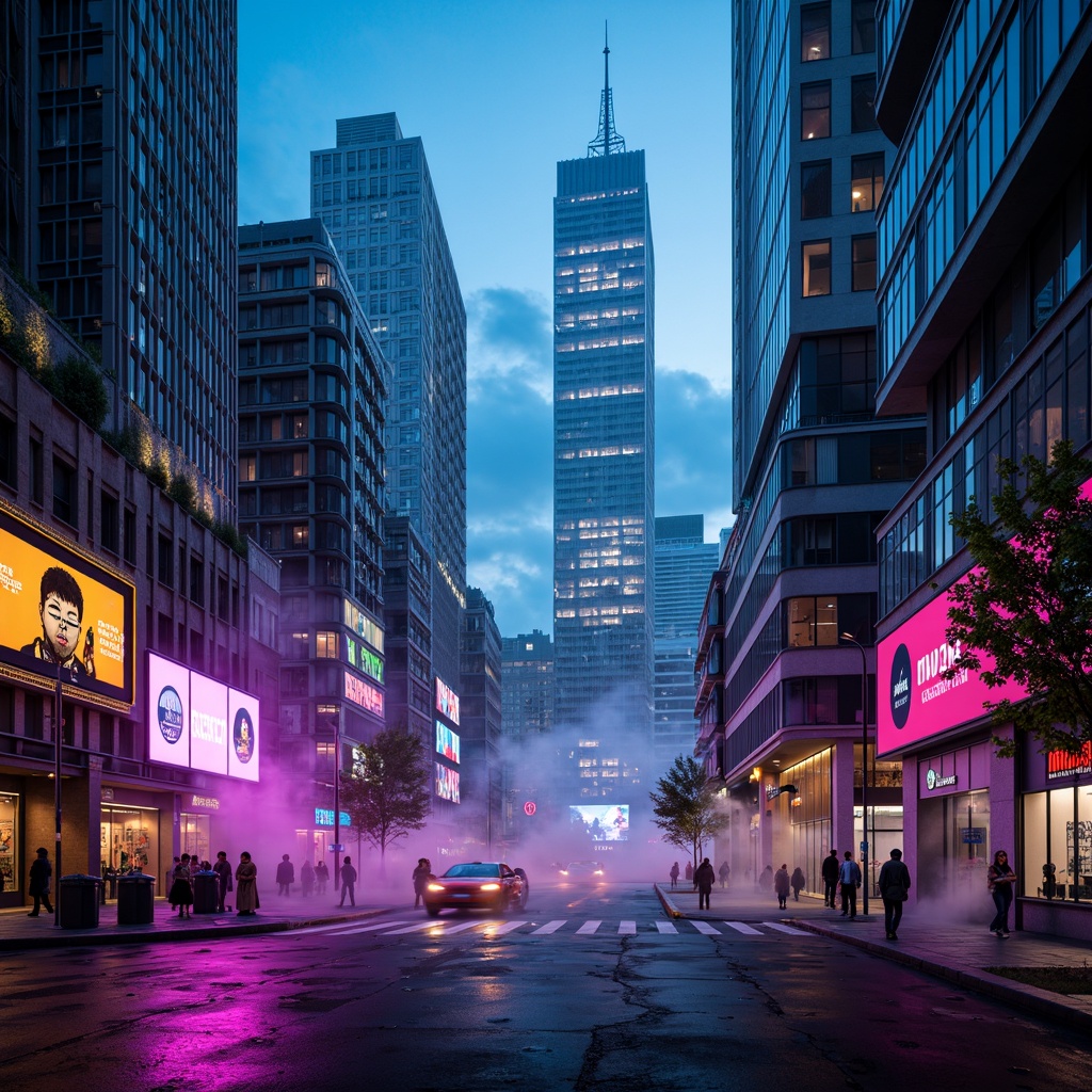 Prompt: Neon-lit cityscape, cyberpunk atmosphere, metallic structures, holographic advertisements, vibrant LED lights, iridescent colors, glowing accents, dark sleek surfaces, neon blue hues, electric purple tones, hot pink highlights, chrome finishes, mirror-like reflections, futuristic skyscrapers, urban landscapes, misty fog effects, warm golden lighting, cinematic depth of field, 1/1 composition, symmetrical framing, high-contrast ratio.