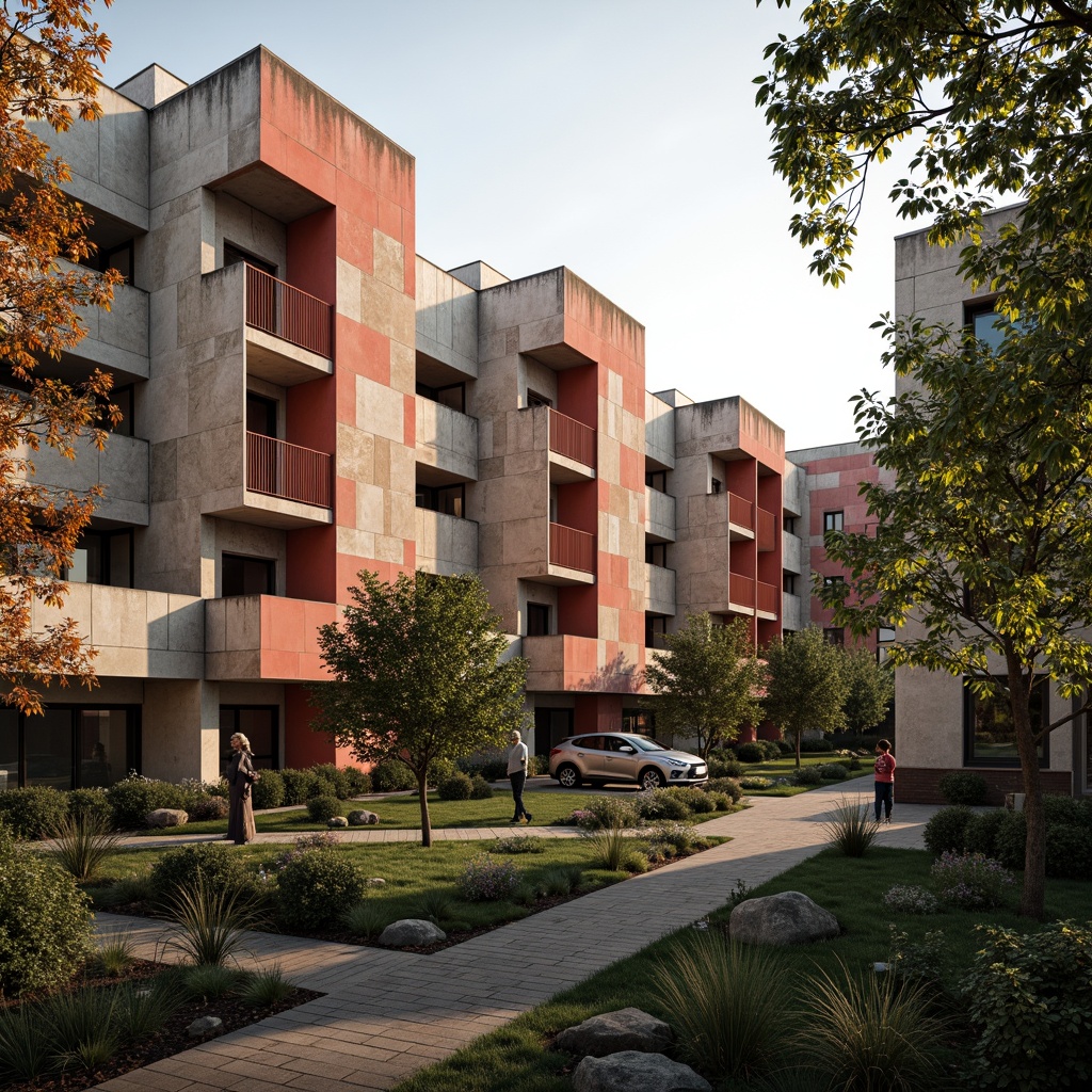 Prompt: Rugged university buildings, brutalist architecture, coral-hued concrete walls, weathered stone facades, bold geometric shapes, industrial metal accents, vibrant coral-colored accents, distressed textures, urban landscape, dense foliage, warm sunny day, high-contrast lighting, dramatic shadows, 1/1 composition, symmetrical framing, muted color tones, earthy undertones, subtle gradient effects.