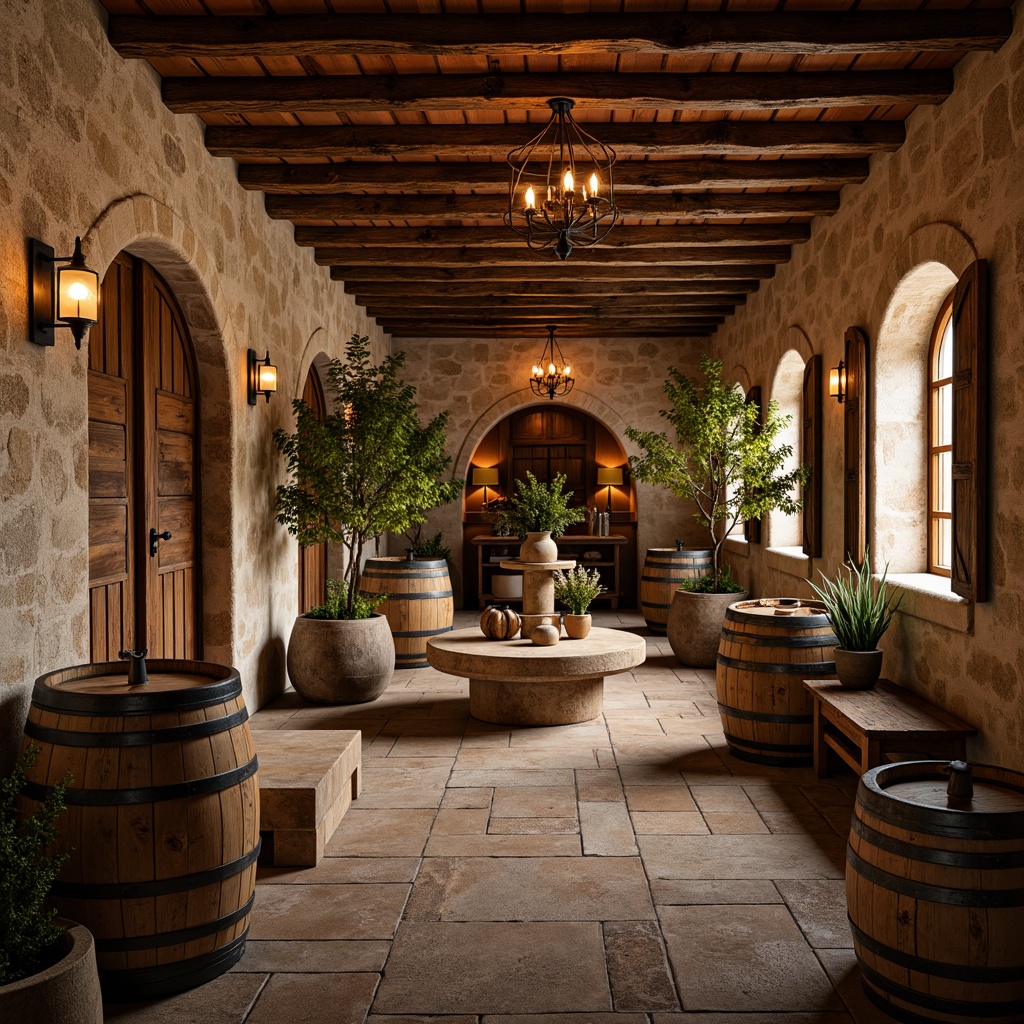 Prompt: Rustic winery, regional materials, earthy tones, natural stone walls, wooden barrels, grapevine trellises, terracotta roofing, Mediterranean-inspired architecture, arched windows, heavy wooden doors, vintage metalware, warm candle lighting, rich wood accents, stone flooring, cozy cellar atmosphere, soft golden lighting, shallow depth of field, 1/2 composition, realistic textures, ambient occlusion.