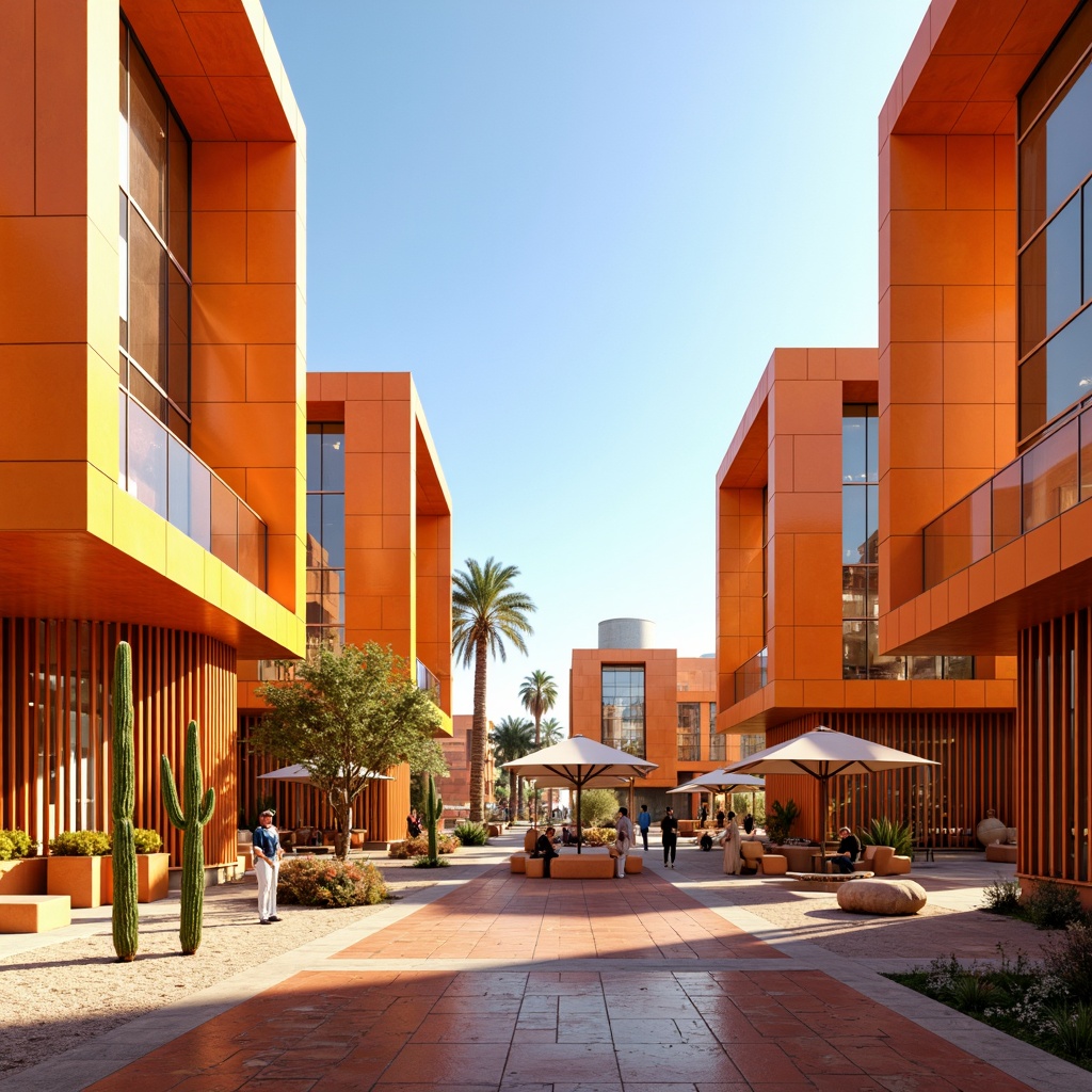 Prompt: Vibrant orange desert towers, futuristic architecture, sleek metal structures, angular lines, modern minimalist design, sandy dunes, cactus plants, hot sunny day, clear blue sky, vast open space, reflective glass surfaces, innovative cooling systems, shaded outdoor spaces, misting systems, Arabic-inspired patterns, vibrant colorful textiles, intricate geometric motifs, warm golden lighting, shallow depth of field, 3/4 composition, panoramic view, realistic textures, ambient occlusion.