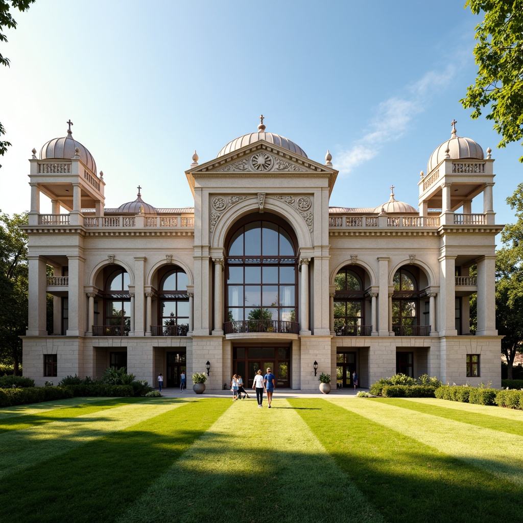 Prompt: Grandiose soccer stadium, classicist facade, ornate columns, arched windows, grand entrance, majestic dome, symmetrical architecture, limestone walls, marble floors, regal balconies, intricate moldings, ornamental sculptures, vibrant green grass, sunny afternoon, soft warm lighting, shallow depth of field, 1/1 composition, panoramic view, realistic textures, ambient occlusion.