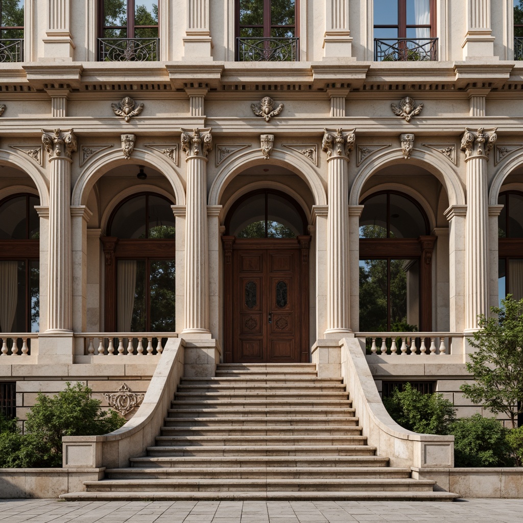 Prompt: Grandiose building facade, ornate columns, intricately carved details, symmetrical composition, rusticated base, ionic capitals, decorative pilasters, grand entrance, arched windows, balustrades, ornamental moldings, richly textured stone walls, subtle color palette, classical proportions, harmonious balance, soft warm lighting, slight depth of field, 2/3 composition, realistic textures, ambient occlusion.