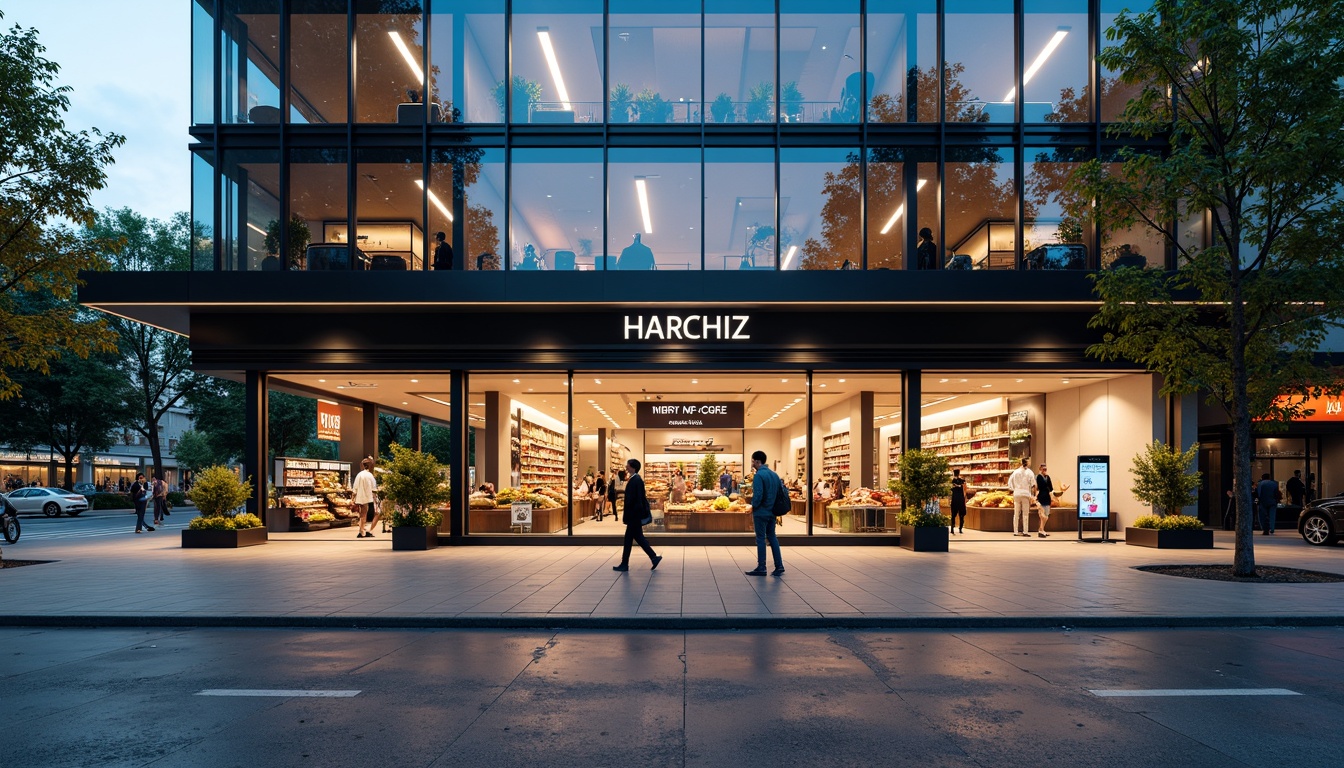 Prompt: Modern high-tech grocery store facade, sleek metal frames, LED lighting systems, glass curtain walls, minimalist signage, automated sliding doors, futuristic entrance canopies, vibrant color schemes, geometric patterns, urban cityscape, bustling streets, morning sunlight, shallow depth of field, 1/2 composition, realistic reflections, ambient occlusion.