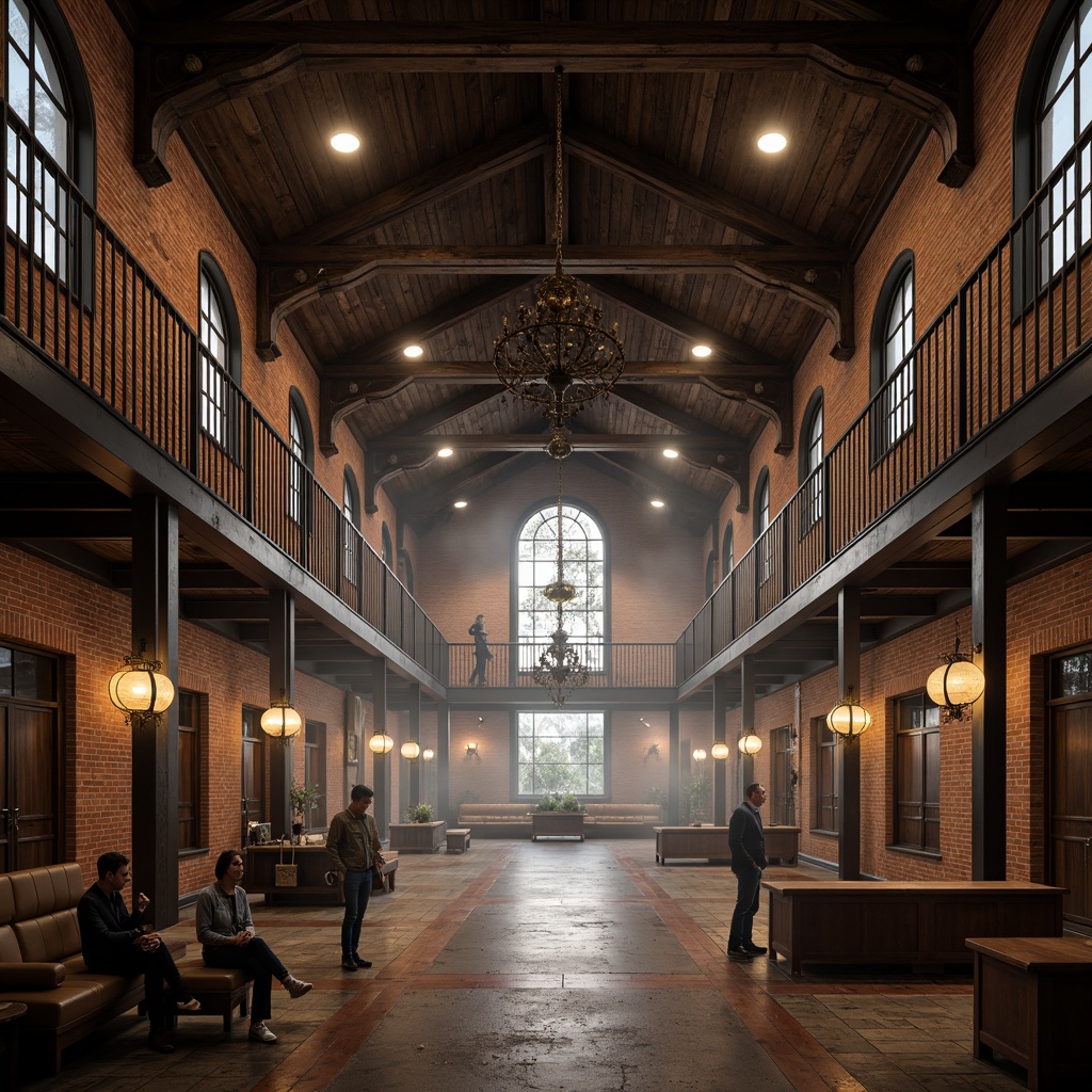 Prompt: Vaulted ceilings, exposed trusses, industrial metal beams, reclaimed wood accents, stained concrete floors, distressed brick walls, arched windows, Gothic-inspired facades, ornate ironwork, grand chandeliers, warm ambient lighting, atmospheric fog effects, cinematic camera angles, dramatic shadows, 1/2 composition, symmetrical framing, rich textures, realistic materials.Please let me know if this meets your requirements!