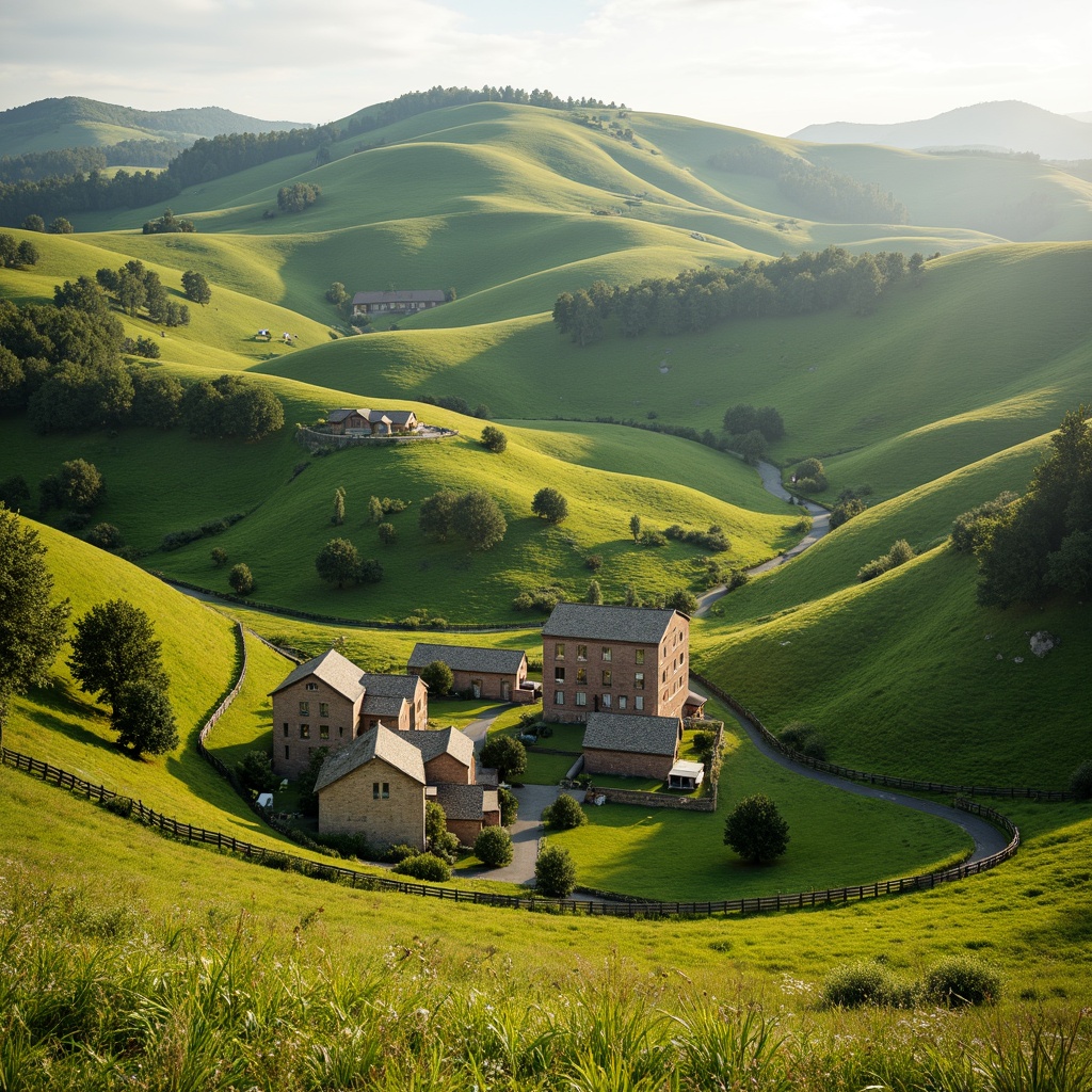 Prompt: Rolling hills, lush green pastures, rustic farmhouses, wooden fences, winding country roads, rural landscape integration, traditional stone buildings, earthy color palette, natural materials, blending with surroundings, seamless transitions, organic forms, curved lines, vernacular architecture, contextual design, harmony with nature, warm sunny day, soft diffused lighting, atmospheric perspective, 1/1 composition, realistic textures, ambient occlusion.