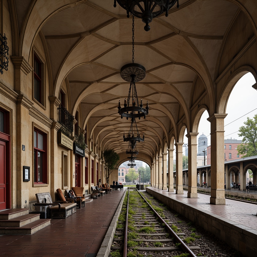 Prompt: Ancient train station, Romanesque arches, warm beige stone walls, ornate ironwork details, grandiose chandeliers, rustic wooden benches, vintage luggage carts, nostalgic signage, earthy red brick platforms, moss-covered tracks, overcast sky, soft diffused lighting, shallow depth of field, 1/2 composition, realistic textures, ambient occlusion.