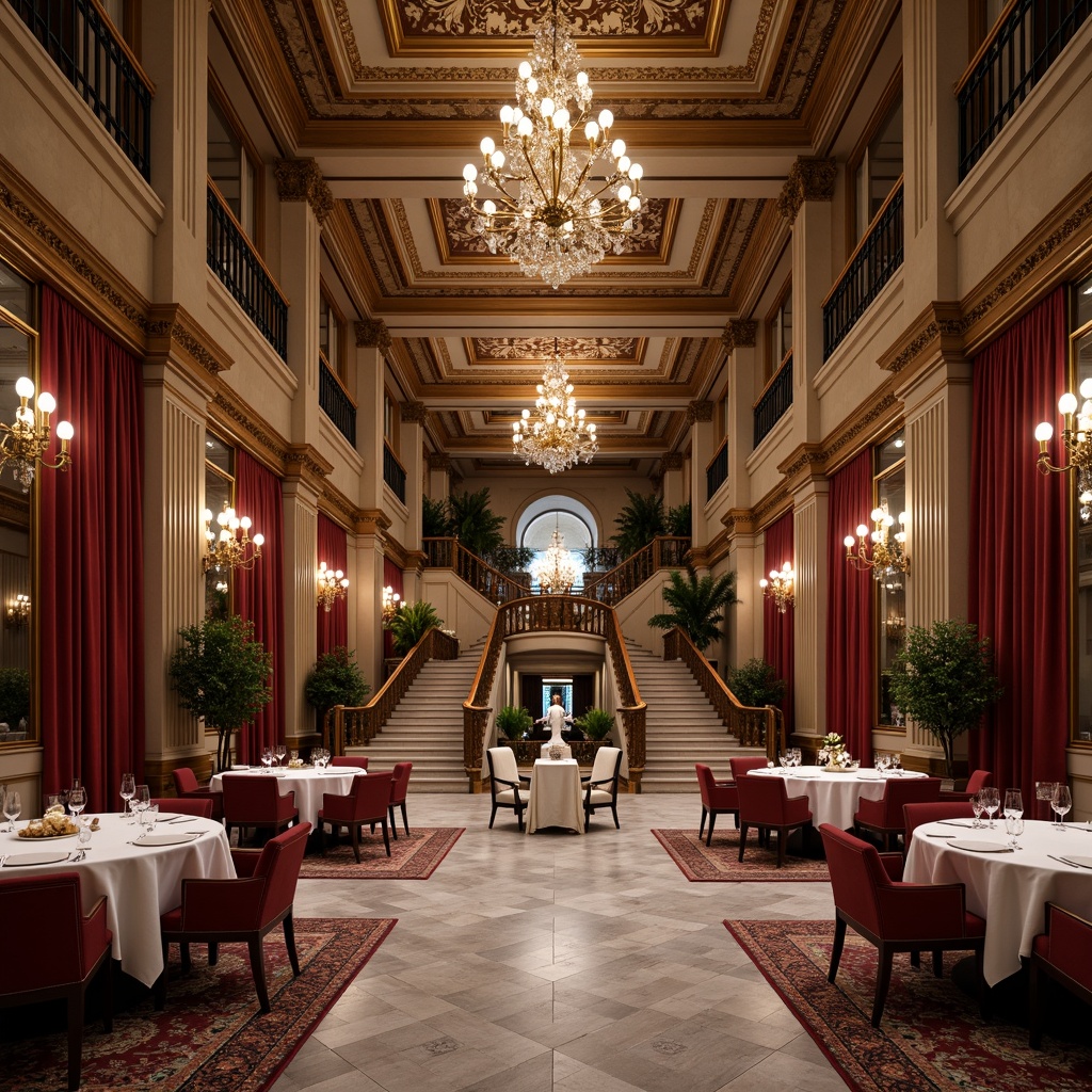 Prompt: Elegant dining hall, high ceilings, ornate chandeliers, marble flooring, grand staircase, intricately carved wooden panels, neoclassical columns, symmetrical layout, formal seating arrangements, luxurious velvet drapes, richly patterned rugs, crystal glassware, fine china, ornate mirrors, subtle warm lighting, shallow depth of field, 2/3 composition, realistic textures, ambient occlusion.