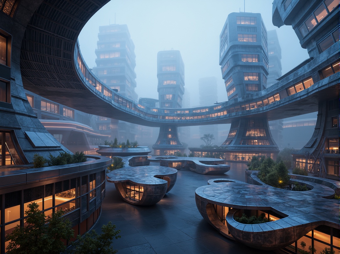 Prompt: Curved futuristic structures, iridescent metallic materials, neon-lit cityscape, avant-garde design elements, abstract geometric shapes, cantilevered volumes, parametric architecture, algorithmic patterns, glowing LED lights, misty atmospheric effects, shallow depth of field, 1/2 composition, symmetrical framing, high-contrast rendering, futuristic transportation systems, sleek spacecraft-inspired designs, cyberpunk urban landscape, dystopian atmosphere, ominous foggy weather, cinematic lighting effects.